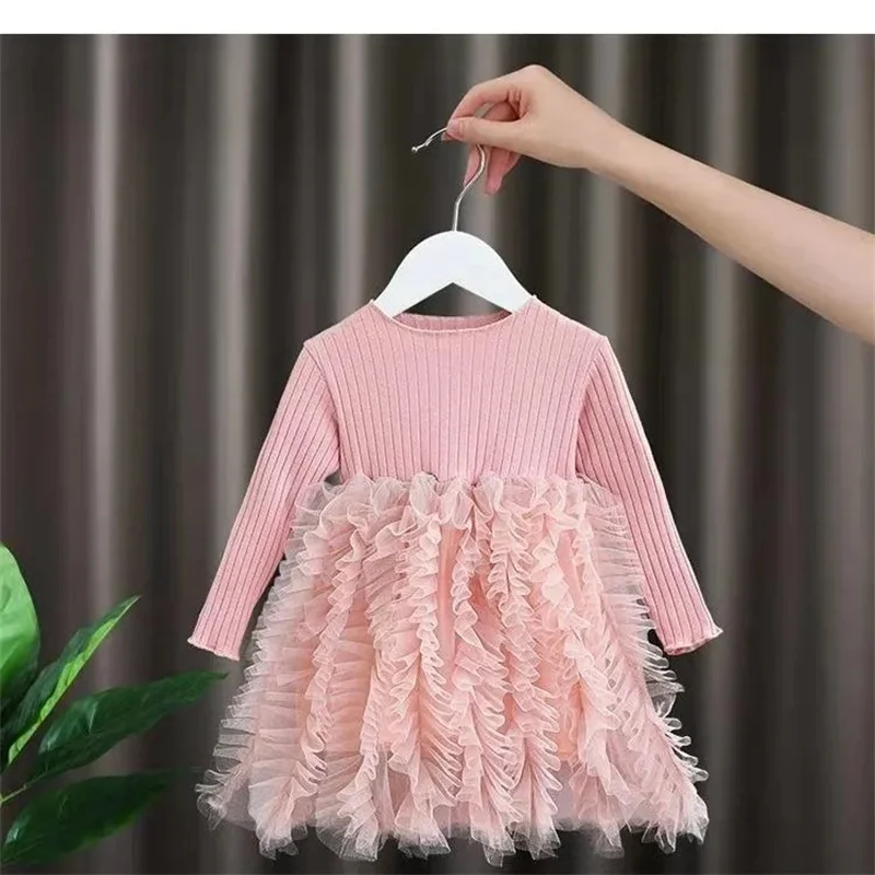 0-6 Years Old Princess Fluffy Skirt Girls Long-Sleeved Pure Dress Spring Autumn Baby Suits Pure Color Mesh Skirt  Children Cloth