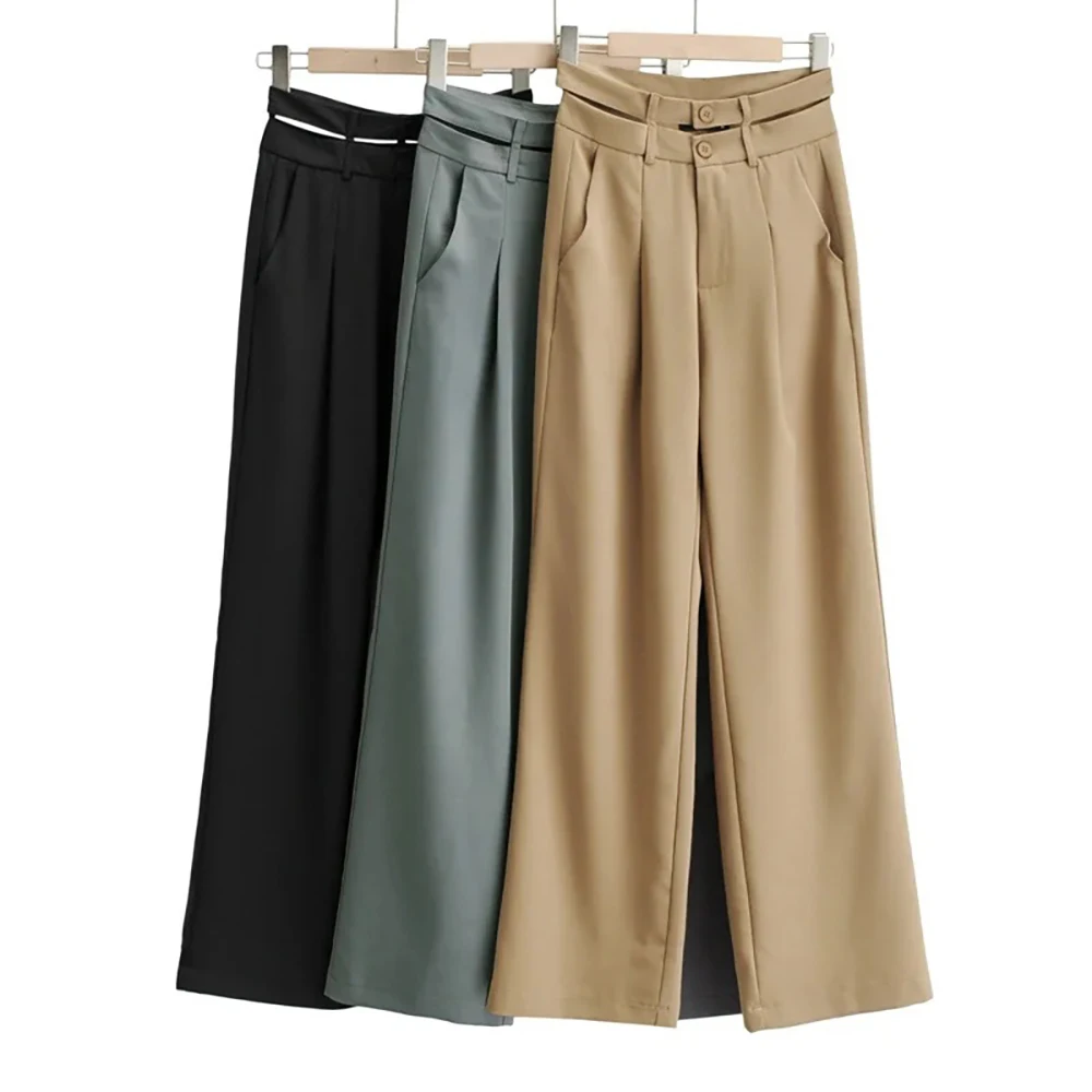 

Брюки женские прямые с завышенной талией, элегантные винтажные ажурные уличные модные длинные брюки на пуговицах, весна-лето