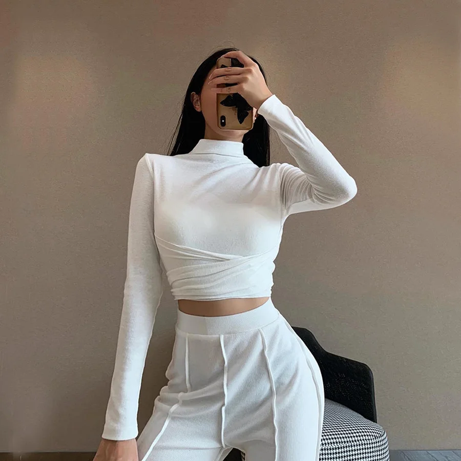 

Women's Autumn New Fashion Long-sleeved Slim-fit Lace-up Tops Solid Color Temperament High-neck Sexy Chest Long-sleeved T-shirt