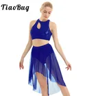 Ассиметричный Топ TiaoBug с блестками и сеткой, трико с юбкой, Женский комплект для гимнастики, балета, костюмы для лирических танцев