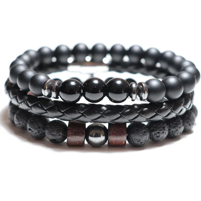 Trendy 3pcs/pair Mens Bracelet Natural Volcanic Stone Braslet Handmade Weaving Leather Brazalete Male Accessories Moda Hombre | Украшения и