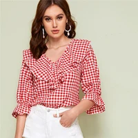 womens blouses summer 2021 plus size feminine blouse chiffon elegant blouses plaid v neck beautiful shirts short sleeve shirt
