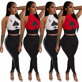 Adogirl Black Queen Poker Print Women Set Tee Top Split Flare Jogger Sweatpant Suits Fashion Sport Two Pieces Set Tracksuits 1