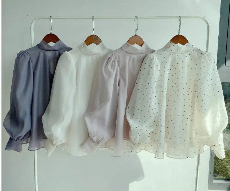 

High Quality Sweet Court Puff Sleeve Bow Chiffon Shirt Women 2021 New Stand Collar Pullover Tops Lady Casual Loose Blouse Blusas