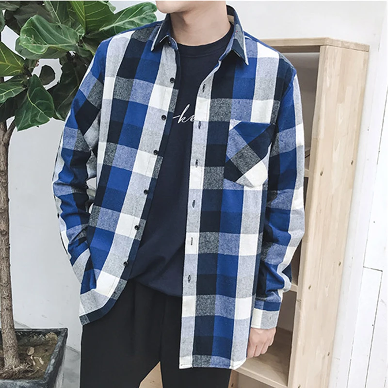 Рубашка JDDTON Мужская Фланелевая 100% хлопок в клетку с длинным рукавом повседневная