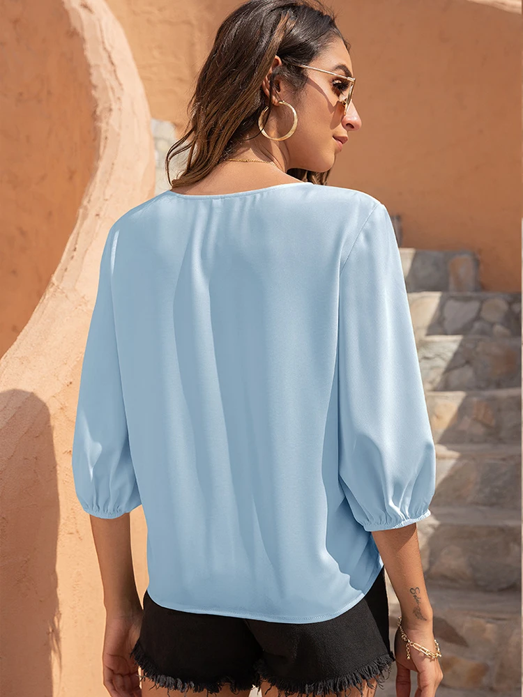 

Chiffon Women Blouses Shirts 2021 New Fashion Clothes Top Female V-Neck Casual Solid Color Lantern Sleeves Summer Streetwear