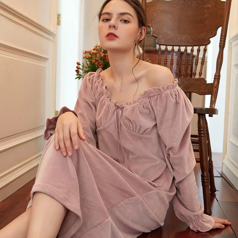 Nightgowns Roupa De Dormir Sexy Feminina Pajamas Woman Winter Ruffle Solid Color Plush Pajamas V-neck Pink Loungewear