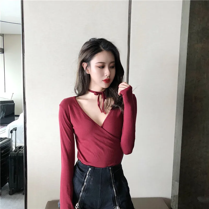 Модная Сексуальная футболка с глубоким V образным вырезом и длинным рукавом