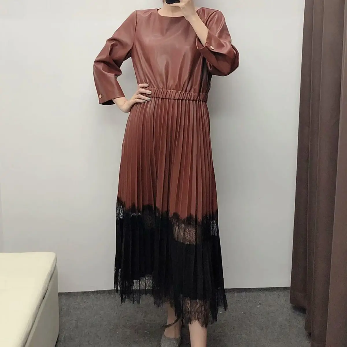 Винтажное Плиссированное кружевное платье из искусственной кожи женское