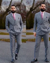 Costume 2 pièces à rayures grises pour Hommes, sur mesure, Tuexdos d'affaires formel, Double boutonnage, ensemble Blazer + pantalon  (2)