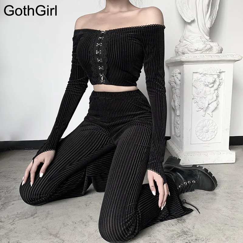 

Punk Gothic Ribbed Flare Trousers Women Stretch Bell Bottom Suede Wide Leg Pants Elegant Female High Waist Office Lady