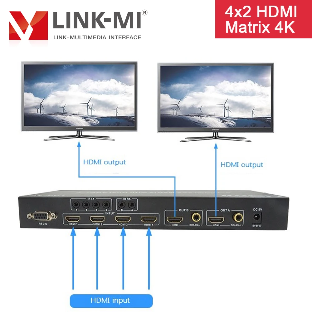 LINK MI 4x2 HDMI матрица с двойной дугой 4K2K 3D 4 в 2 Выход переключатель 1x2 сплиттер|matrix
