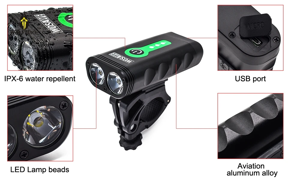 Wolfbike велосипедные фонари светодиодный Мощный встроенный аккумулятор USB Перезаряжаемый 5 режимов Ночная езда на велосипеде кемпинг походные фонари