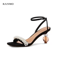 2021 leather summer womens sandals with chic sexy heels with pearl embellishment summer womens party sandals women sandals