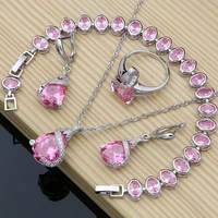 romantic gift 925 sterling silver jewelry sets pink cubic zirconia earrings bracelet fashion bridal wedding set dropshipping