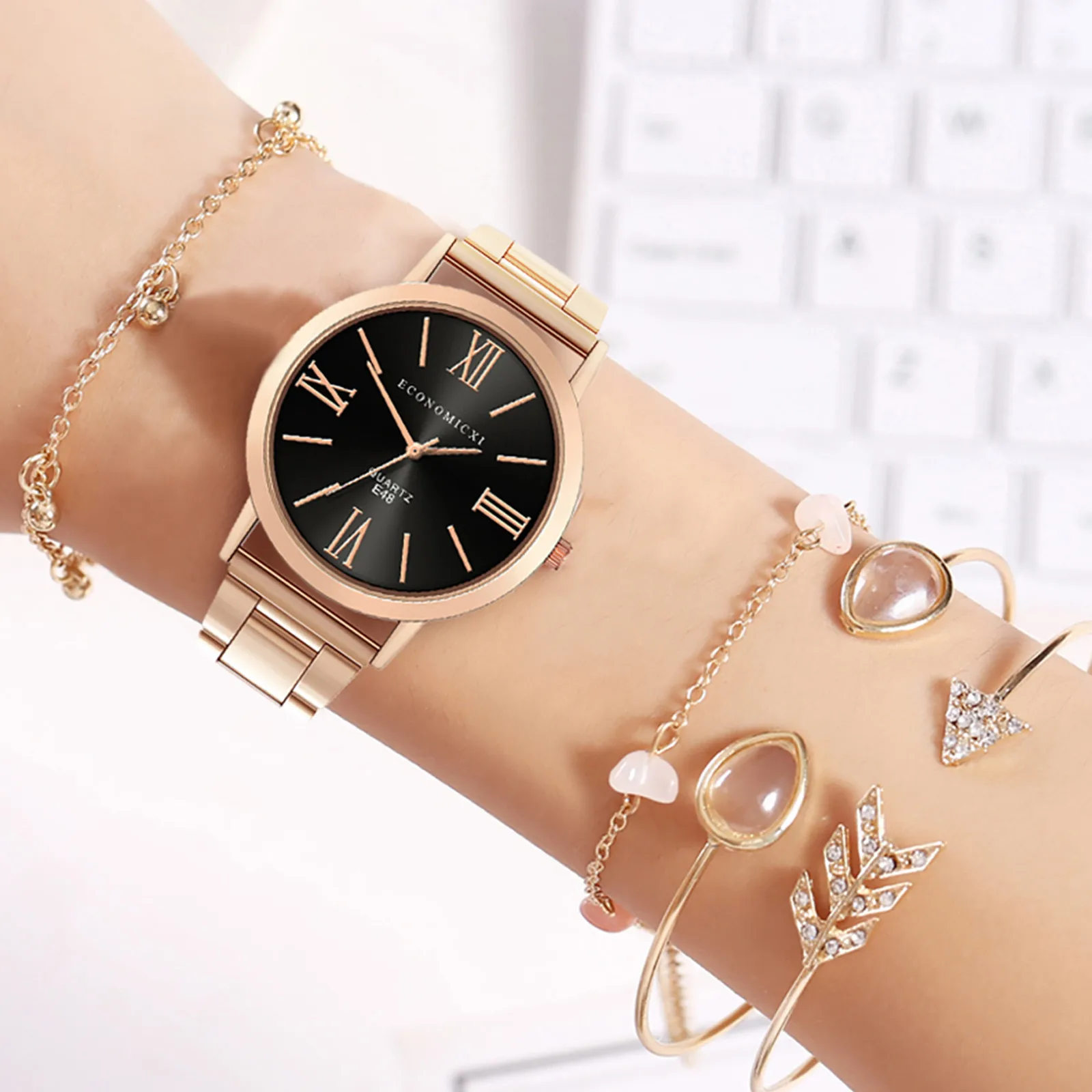 

5pcs Set Top Style Fashion Women's Luxury Leather Band Analog Quartz Wristwatch Ladies Watch Women Dress Reloj Mujer Black Clock