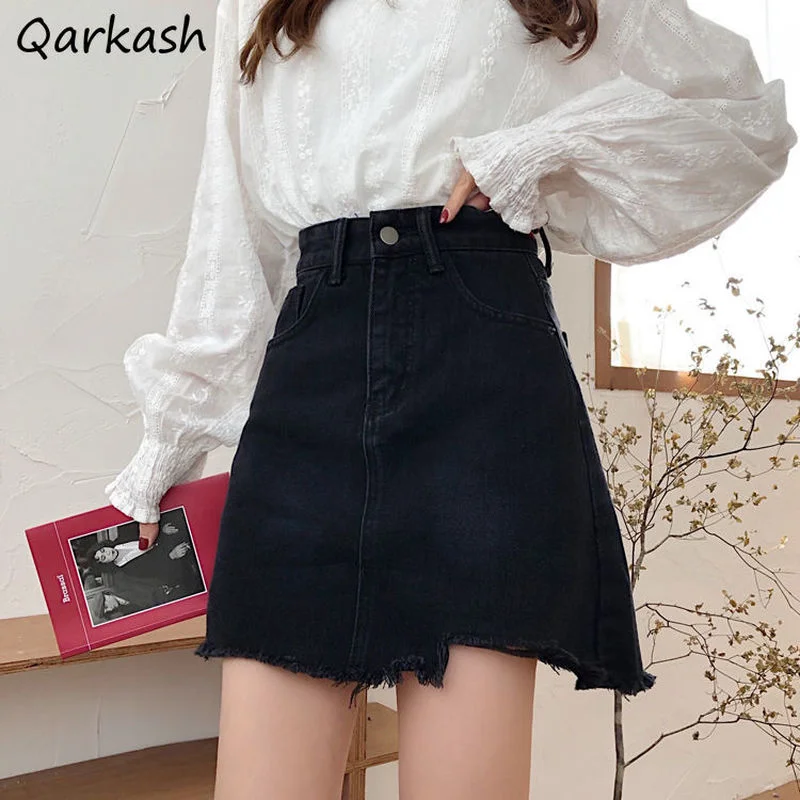 

Мини-юбки женские черные летние джинсовые в стиле ампир, простые повседневные студенческие повседневные женские базовые универсальные рет...