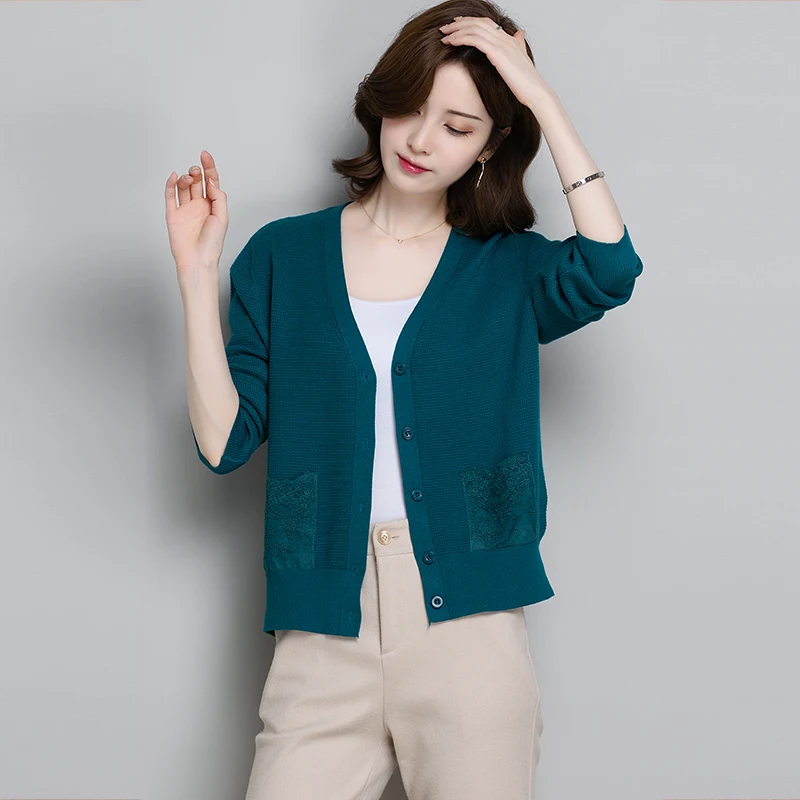 

Fashion solid color pocket embroidery long sleeve V-neck knitted cardigan spring and autumn women's loose and versatile sweater