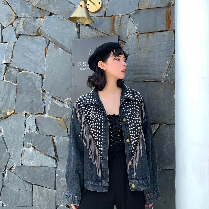 New Women Autumn Hand-studded Rivet Tassel Chain Short Jeans Coat Woman's Loose Jacket Coat Fashion Streetwear Denim Jacket