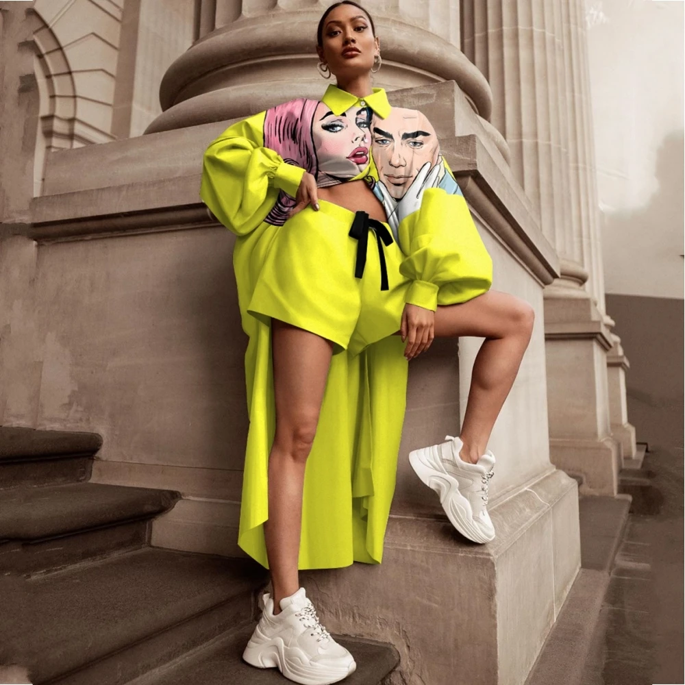 

2 Pieces Women's Sets 2021 Spring Autumn Cartoon Print Blouse Long Shirt Women Tops And Shorts Set Two Piece Set Tracksuit