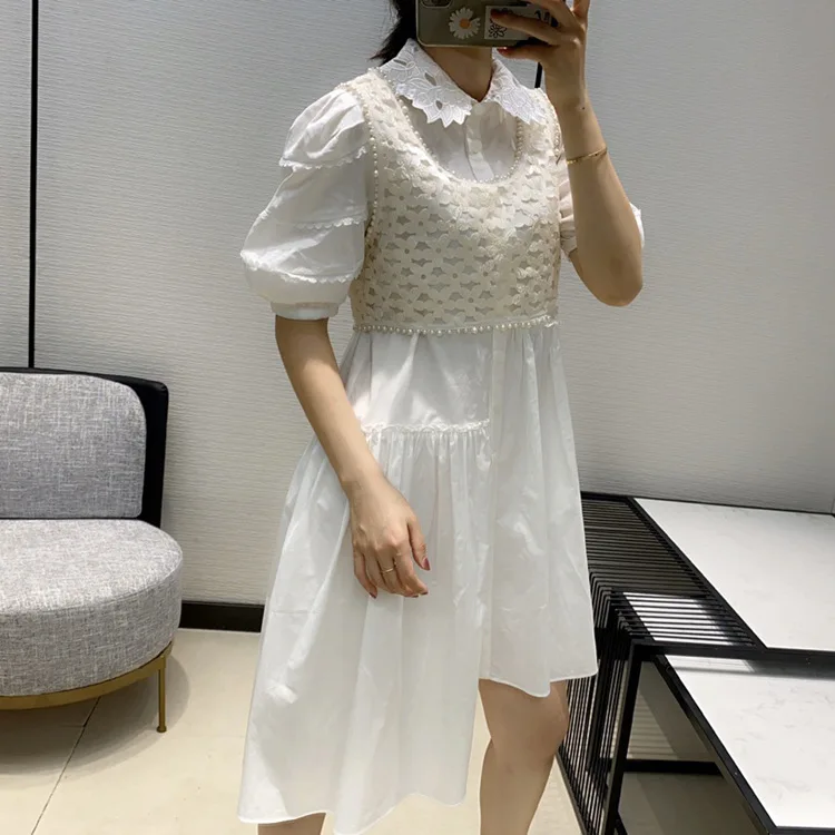 

2 Pieces Women Summer High-end Sweet Irregular Dress and Hollow Out Vest Embroidered Turn-down Collar Casual Loose Dresses