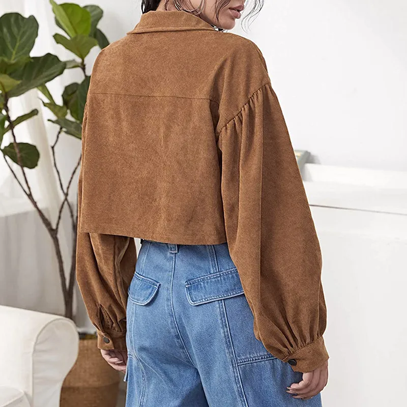 

Женский Повседневный вельветовый Укороченный кардиган с длинным рукавом, модный Клетчатый жакет с отложным воротником, Осеннее Свободное ...