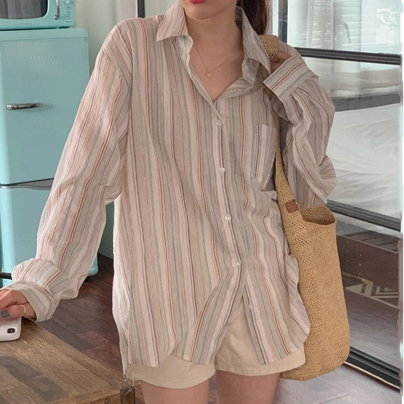 

Полосатые женские рубашки бетканье, свободные весенние топы для женщин, 2021, женская рубашка, блузки с длинным рукавом, женская одежда, блузы,...