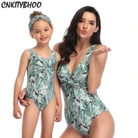 leaf v neck bow one piece swimsuit for mom daughter beach bikini mother and daughter swimwear family look