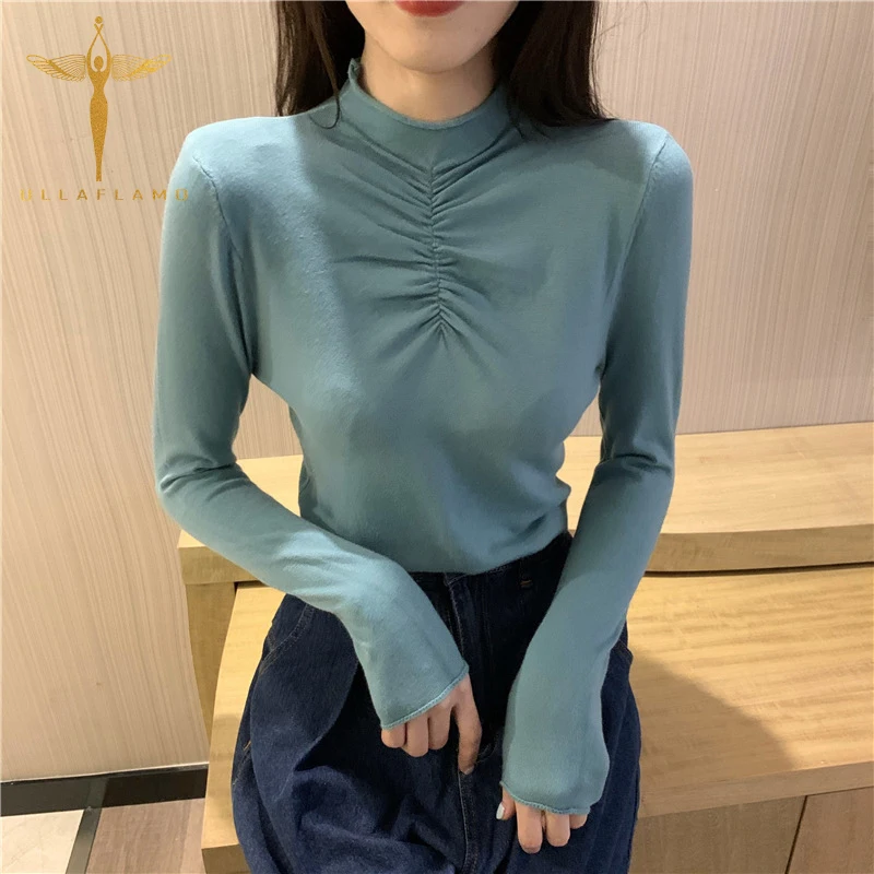 

Футболка женская винтажная со складками, повседневная приталенная рубашка с длинным рукавом, топ с воротником средней длины, элегантная од...