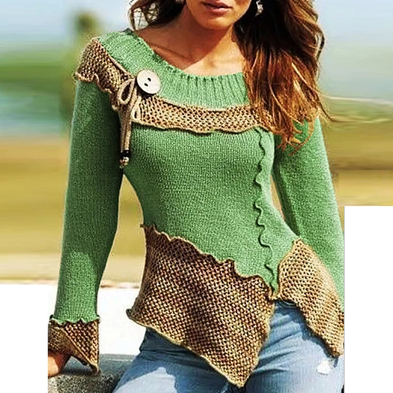 

Женский вязаный свитер с длинным рукавом, винтажный Топ с длинным рукавом, Дамский пуловер, повседневные свитеры в стиле пэчворк на осень и ...