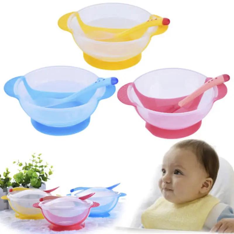 

Baby Sucker Bowl Children's Tableware Baby Learning Dish with Bowl Set PP Temperature Sensing Baby Feeding Bowl Spoon Dishes