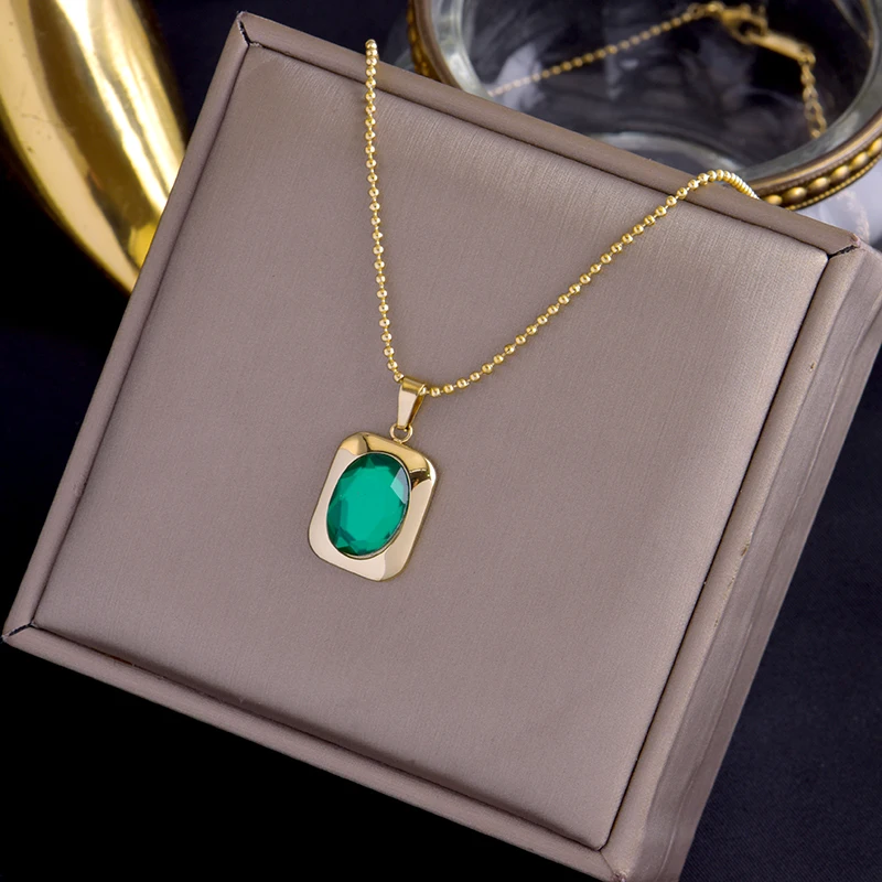 

wholesale stainless steel non fading personality charm green pendant Necklace temperament high grade versatile sweater jewelry