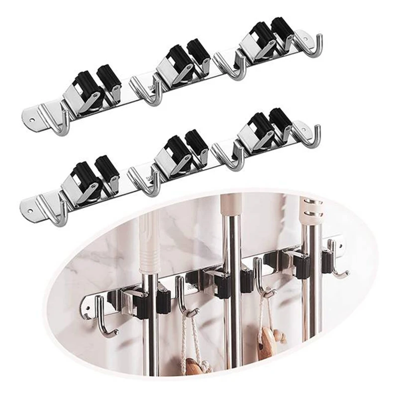 Broom and Mop Holder Wall Mounted Stainless Steel Self Adhesive Heavy Duty Hooks(2 Pack) | Дом и сад