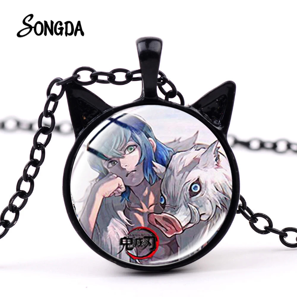 

Ghost Blade Pendant Necklaces Anime Accessories Demon Slayer Kimetsu no Yaiba Cat Ear Necklace Glass Cabochon For Friends