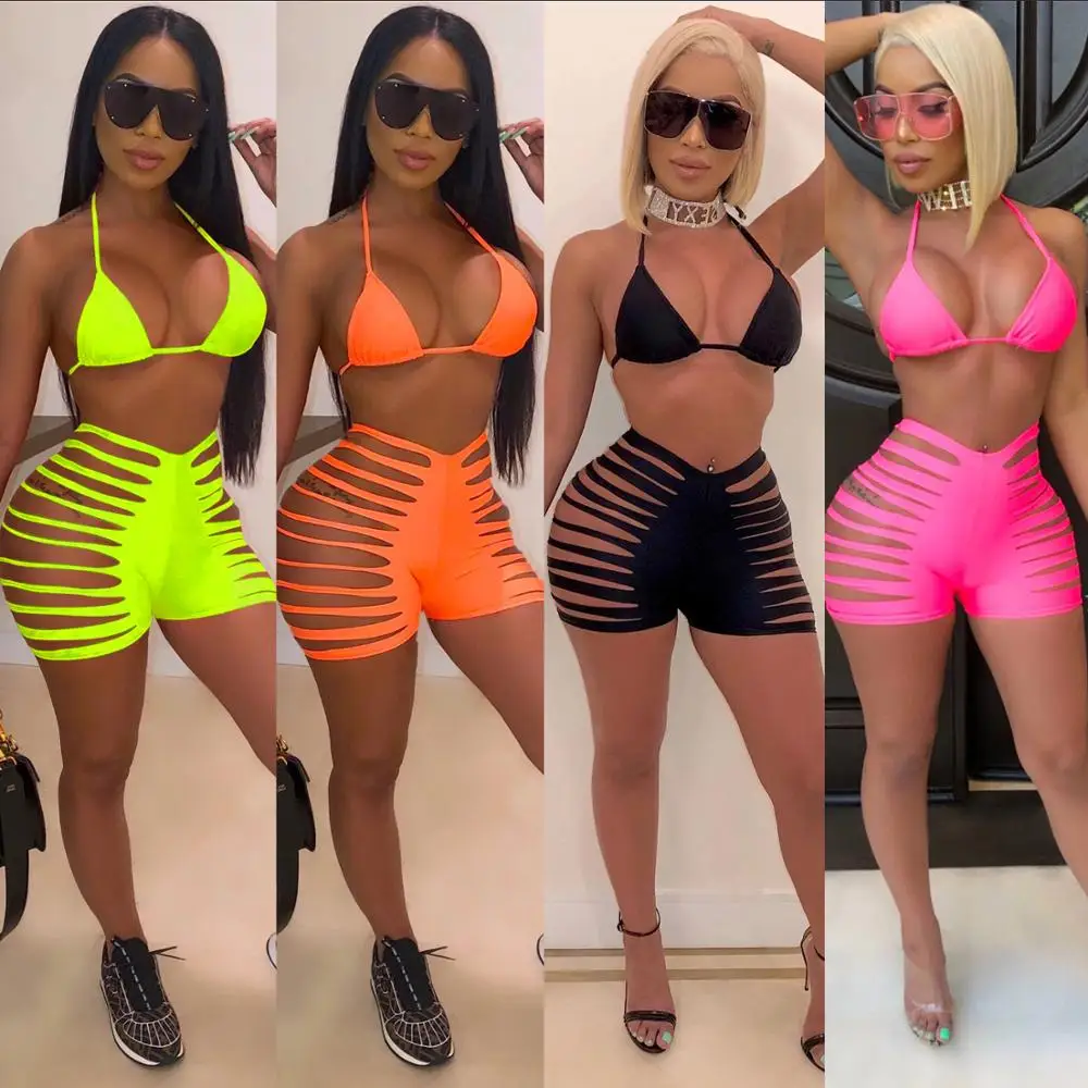 

Neon Sexy 2 Piece Bathing Suits for Women Bandage Backless Crop Tops + Hollow Out Shorts Bikini Set Two Piece Sexy Club Outfits