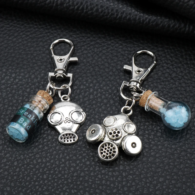 

TV Show Breaking Bad Keychains Heisenberg Walter White Keyrings Key Chains Crystal Blue Vial Cork Bottle Gas Mask Charm Necklace