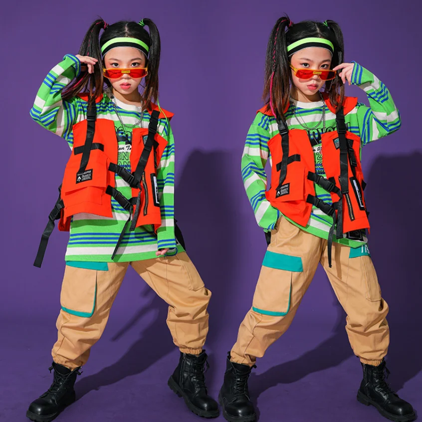 

For 4-16 Years Children Loose Dancing Costumes for Girls Boys Jazz Dance Costumes Green Striped Stage Wear Child Party Show Suit