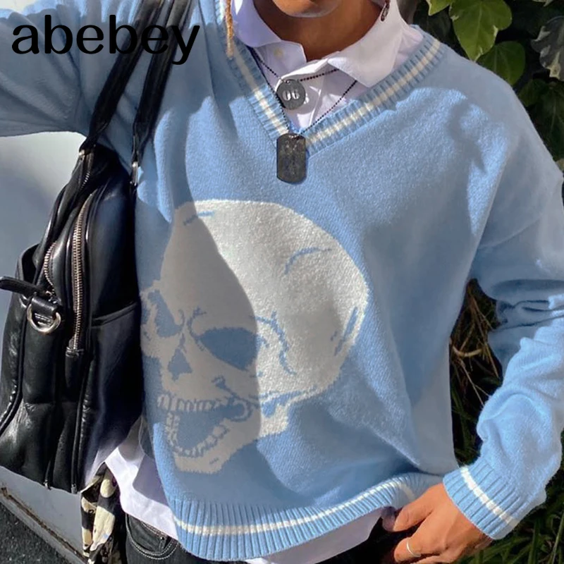 

Sweaters Skulls Pullovers V Neck Knitwear Loose Casual Knitted Tops Women Streetwear Retro Tops Blue Autumn