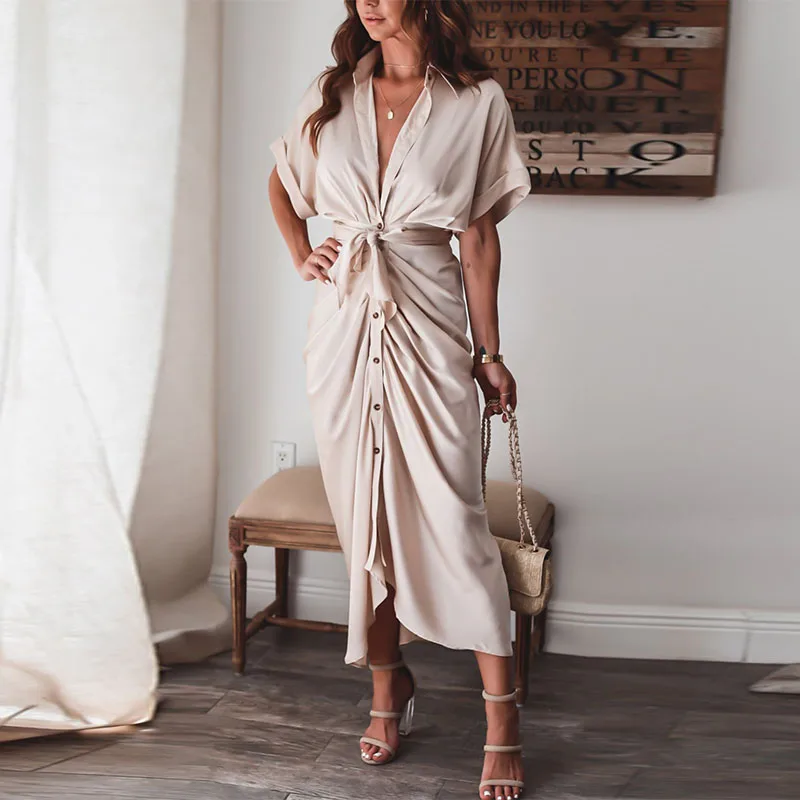 

2021 new Turn-down Collar Draped Party Dresses Elegant Button Office Ladies Shirt Dress