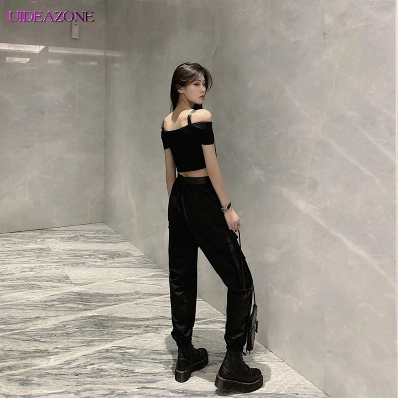UIDEAZONE модные спортивные штаны для женщин черный пояс уличная одежда лоскутные