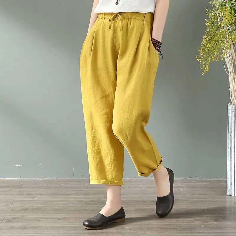 

Новое поступление, летние женские брюки-султанки, универсальные повседневные хлопковые джинсовые брюки с эластичным поясом, джинсы желтог...