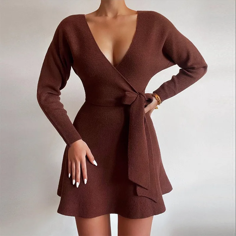 

Элегантное однотонное женское трикотажное платье-трапеция с V-образным вырезом, новое осеннее модное праздничное платье на шнуровке, весна ...