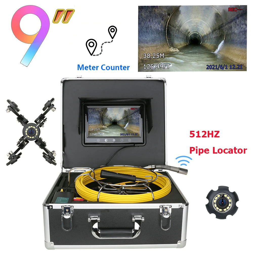 

512hz Locator Sonde Camera Pipe Inspection Camera Drain Sewer Meter Counter Camera 9 Inch Monitor Long Spring 22mm HD camera