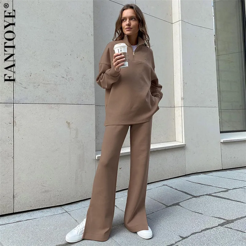 

Женский пуловер с воротником-стойкой Fantoye, комплект из двух предметов, черный топ с длинными рукавами и штаны с разрезом, Зимние Повседневны...