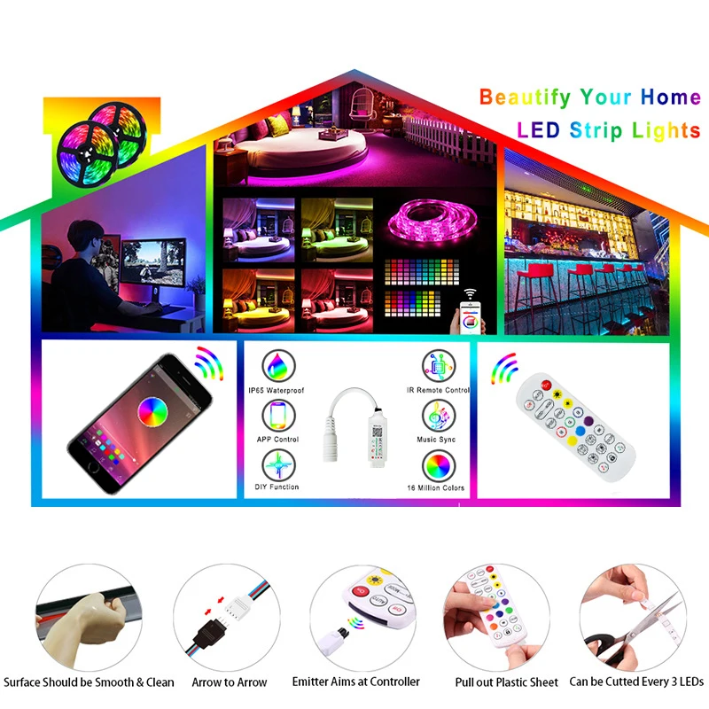 Светодиодные ленты SMD RGB 5050 12 В с умным Управлением по Bluetooth которые могут