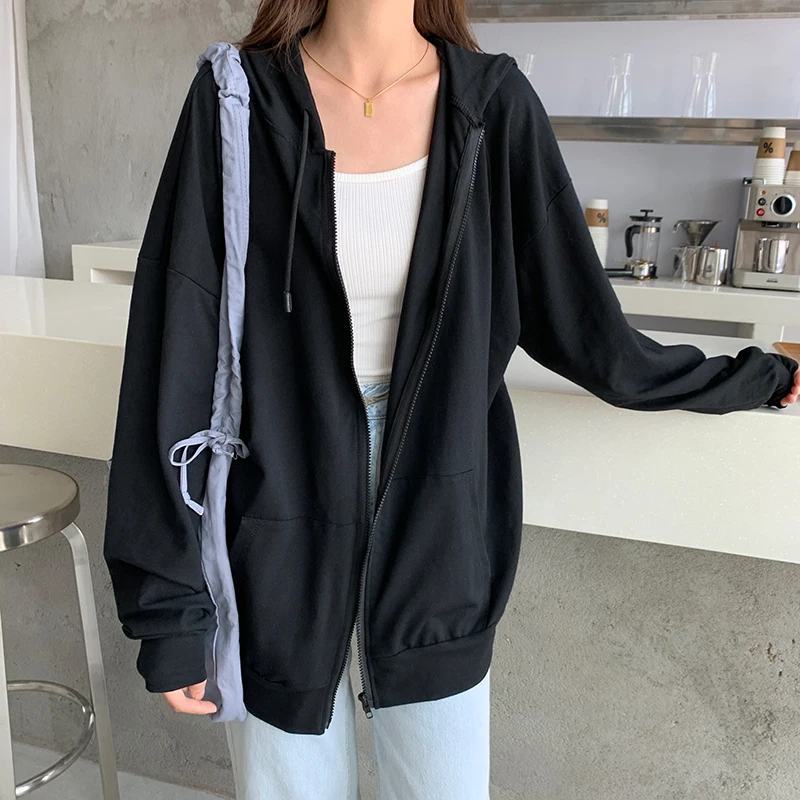 

Xfh Harajuku Korean version loose thin long-sleeved hooded sun protection coat solid color retro shirt student girl top