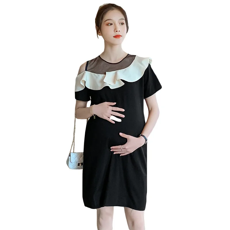 Maternity Clothes Dress Womens Large Loose-Fit Off-Shoulder Maternity Dresses Korean Style Pregnancy Dress