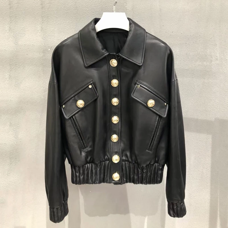 

Куртка женская из натуральной кожи, однобортная, с отложным воротником, весна-осень 2021