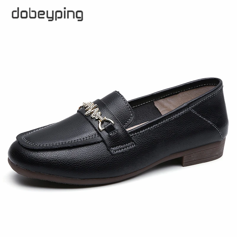 Spring Autumn Genuine Leather Shoes Woman Slip On Women's Flats Round Toe Female Loafers Soft Fashion Metal Outdoor Ladies Shoe