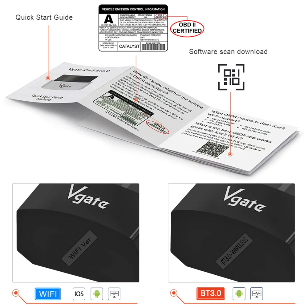 Автомобильный диагностический сканер Vgate iCar3 ELM327 с Wi-Fi для Android/IOS ODB2 беспроводной